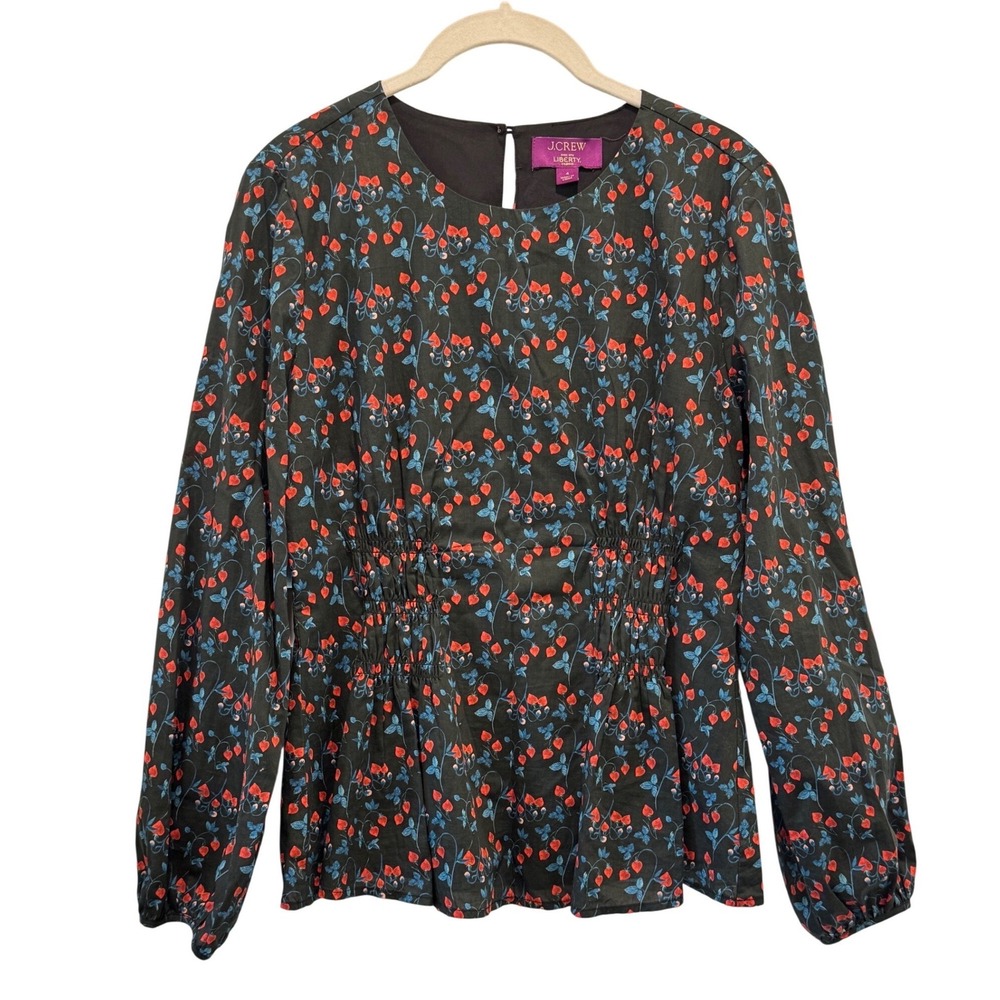 J.Crew Liberty of London Strawberry Print Blouse Womens 4 Black Smocked Peplum